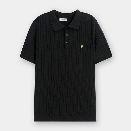 BLACK FINE CABLE KNIT TEXTURE POLO