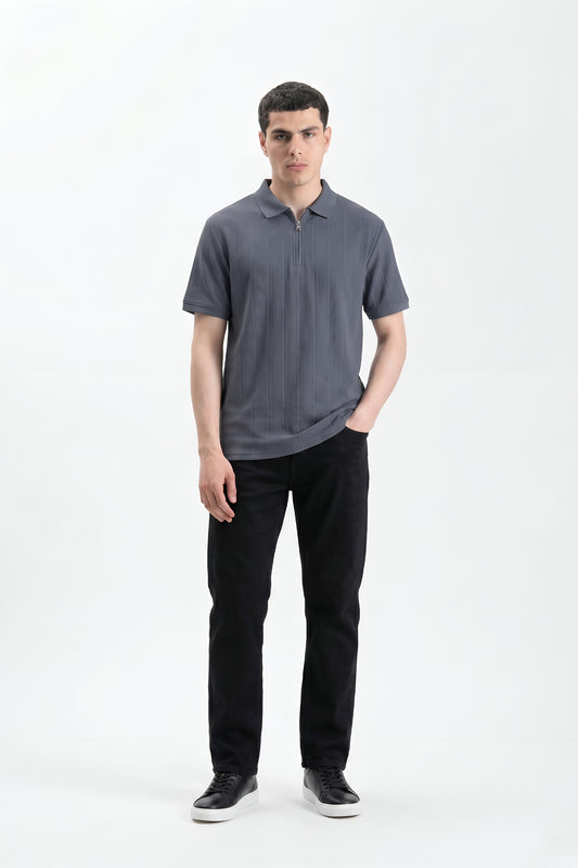 GREY DROP NEEDLE ZIP POLO
