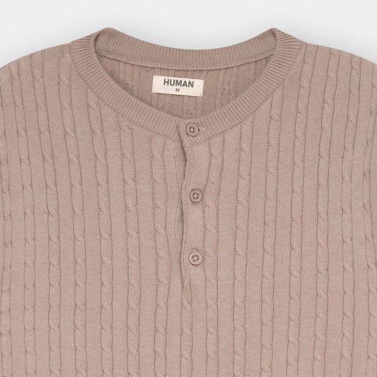 BEIGE HENLEY CABLE KNIT TEE