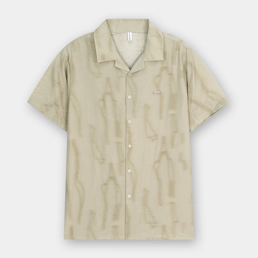 BEIGE ABSTRACT PRINTED CUBAN COLLAR SHIRT
