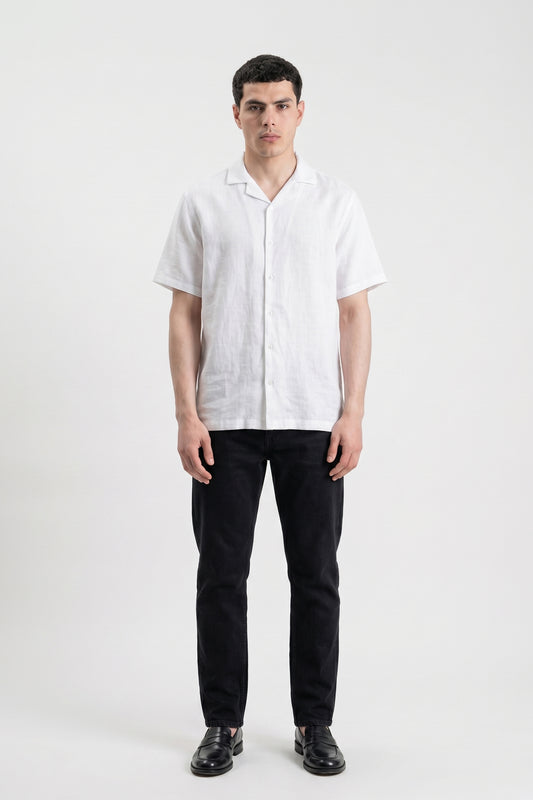 WHITE IRISH LINEN CUBAN COLLAR SHIRT