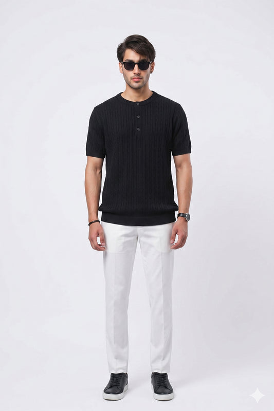 BLACK HENLEY CABLE KNIT TEE