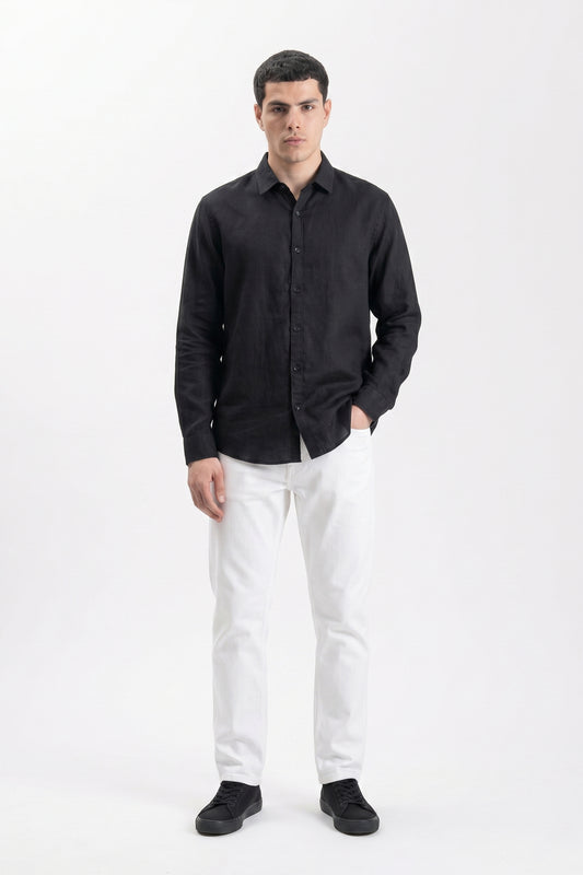 BLACK IRISH LINEN BUTTON DOWN SHIRT