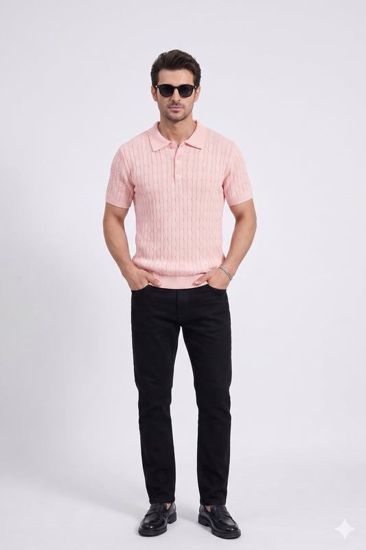 VINTAGE PINK CABLE KNIT POLO