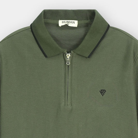 OLIVE GREEN COTTON TEXTURE ZIP POLO