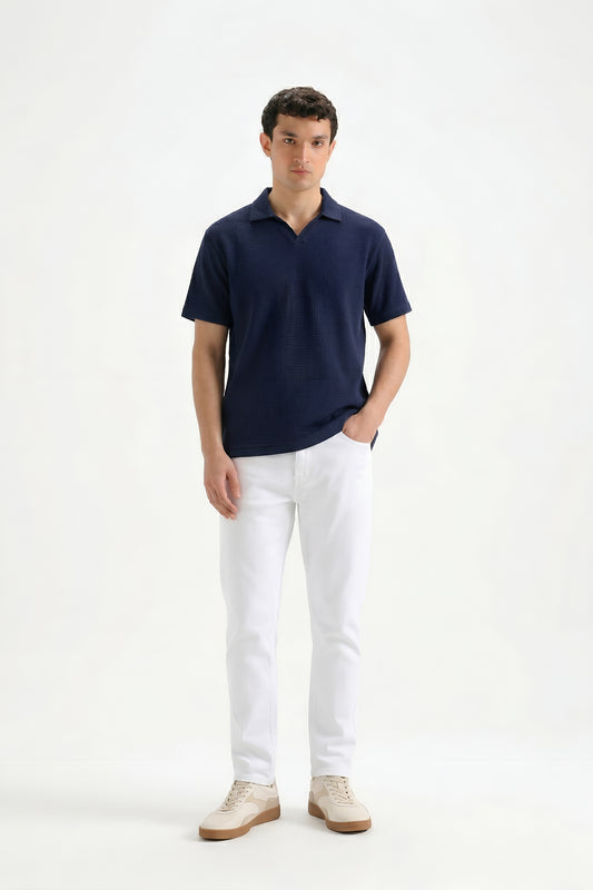 NAVY JOHNNY COLLAR TEXTURE POLO
