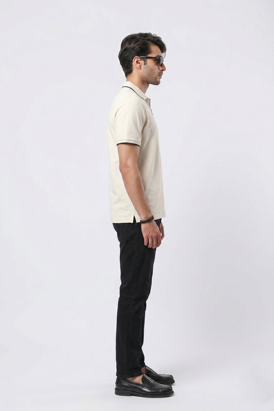OFF WHITE COTTON TEXTURE ZIP POLO