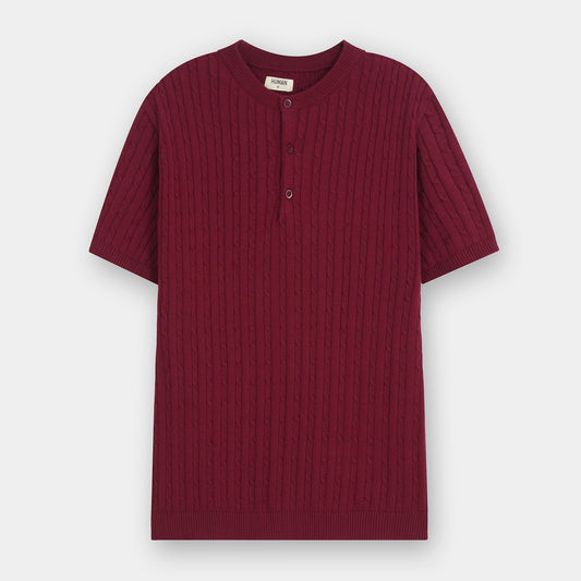 MAROON HENLEY CABLE KNIT TEE