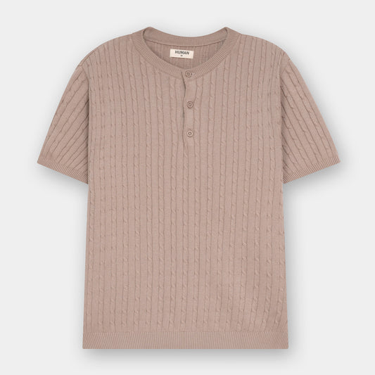 BEIGE HENLEY CABLE KNIT TEE