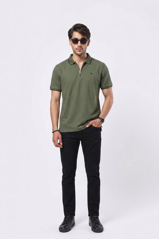 OLIVE GREEN COTTON TEXTURE ZIP POLO