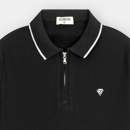 BLACK COTTON TEXTURE ZIP POLO