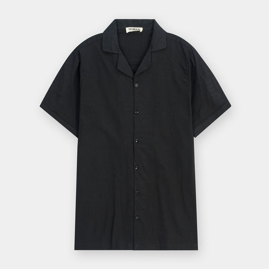 BLACK IRISH LINEN CUBAN COLLAR SHIRT