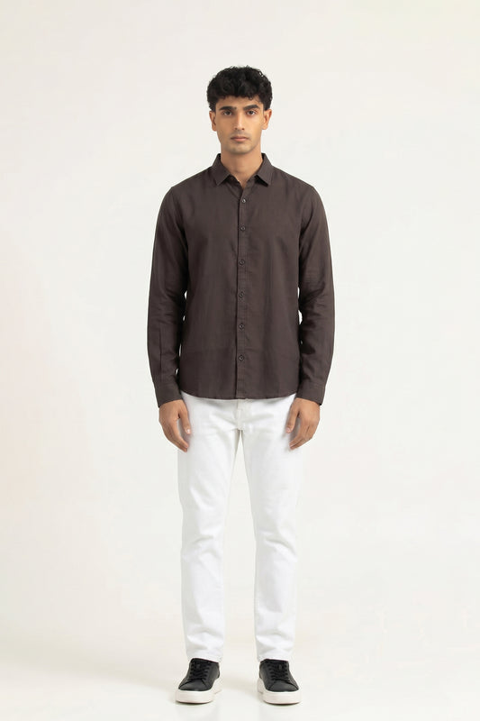 DARK BROWN IRISH LINEN BUTTON DOWN SHIRT