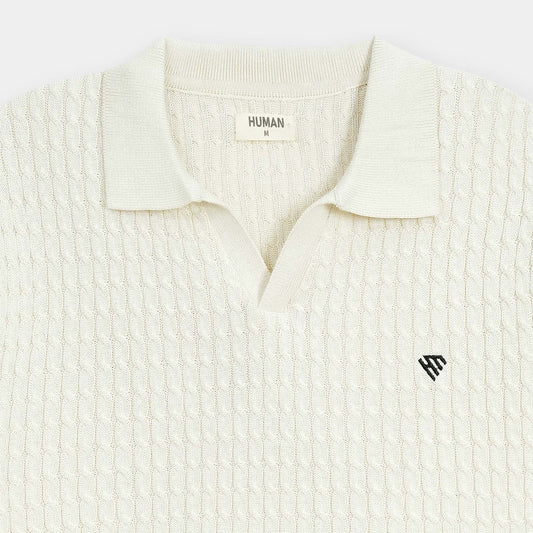 BEIGE CABLE KNIT TEXTURE JOHNNY COLLAR POLO