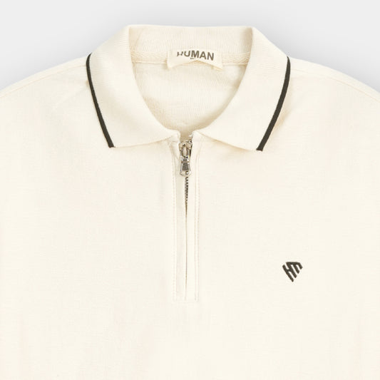 OFF WHITE COTTON TEXTURE ZIP POLO