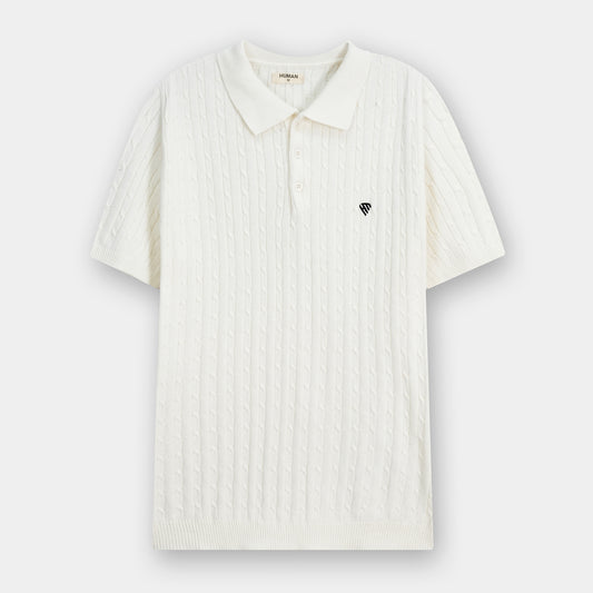WHITE FINE CABLE KNIT TEXTURE POLO