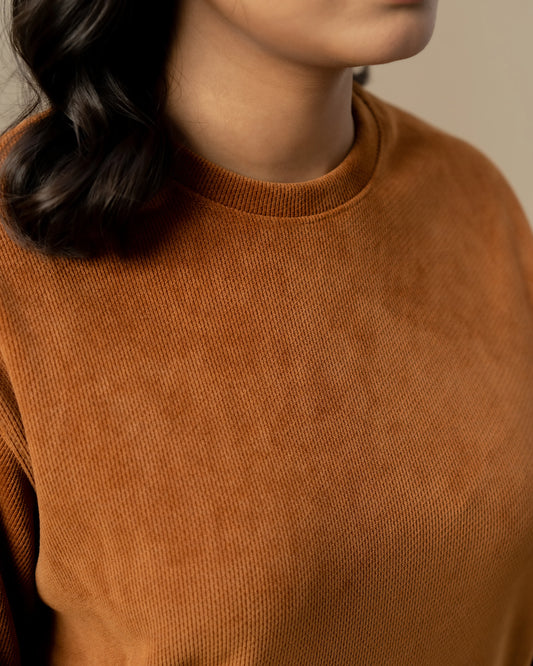 WOMEN WAFFLE KNIT SWEATER BROWN