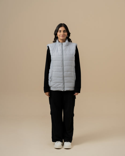 WOMEN SILVER GREY SLEEVELESS PUFFER JACKET