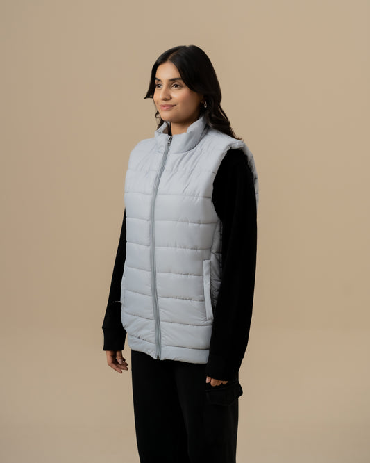 WOMEN SILVER GREY SLEEVELESS PUFFER JACKET