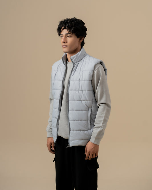 SILVER GREY SLEEVELESS PUFFER JACKET