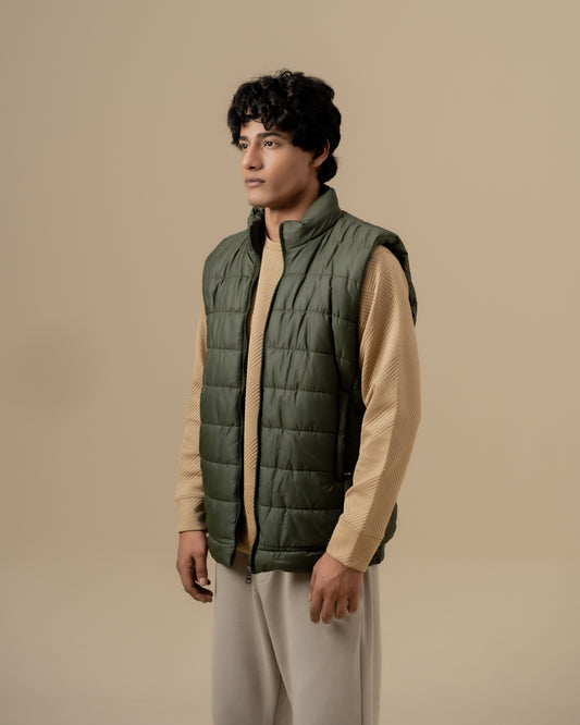 OLIVE GREEN SLEEVELESS PUFFER JACKET