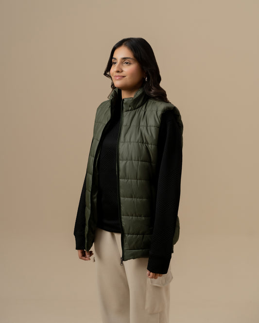 WOMEN OLIVE GREEN SLEEVELESS PUFFER JACKET