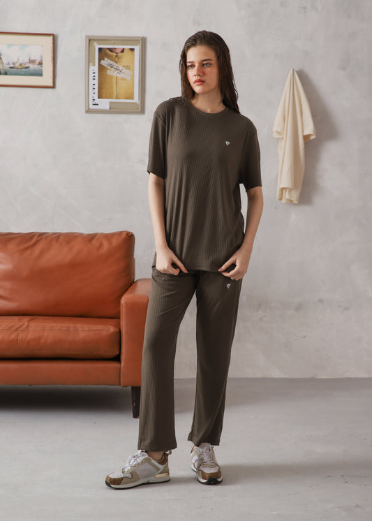 WOMEN OLIVE BROWN DROP NEEDLE TEXTURED TRACKSUIT