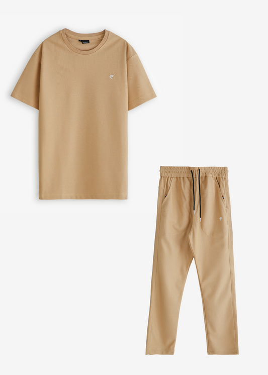 WOMEN BEIGE WAFFLE KNIT TRACKSUIT