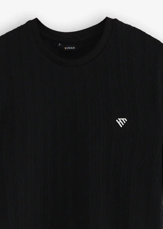 WOMEN BLACK DROP NEEDLE TEXTURED KNIT TEE